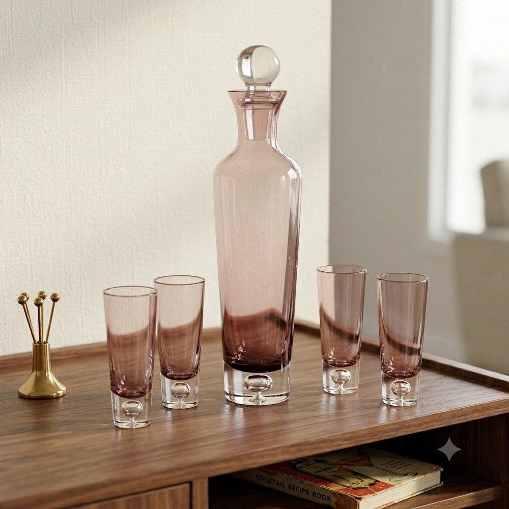 Vintage Krosno Amethyst Cased Glass Decanter Set w 4 Cordial‎ Shot Glasses